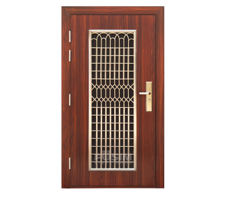 Wood finish steel door in Kerala with decorative grill glass panel