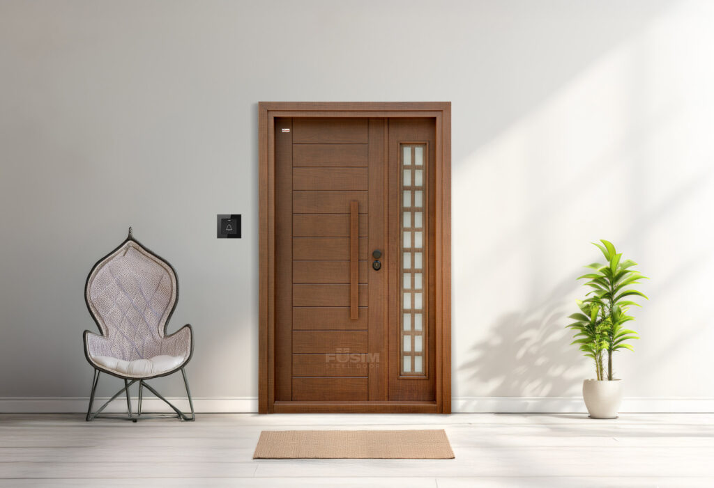 Modern wood finish steel door in Kerala with glass side panel