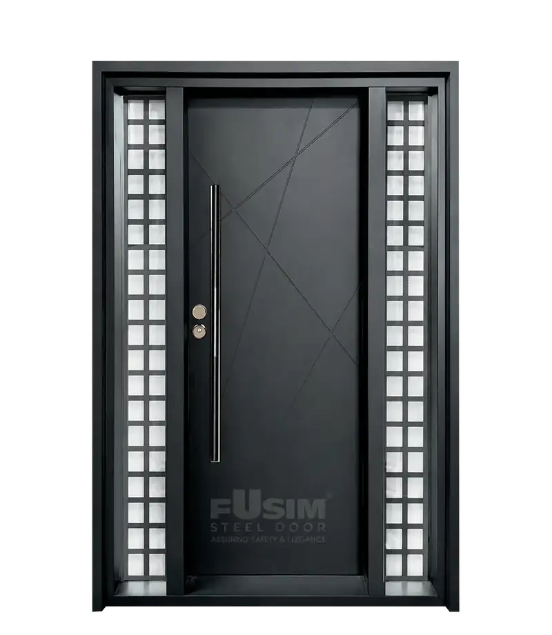 Cross – matte black steel door with glass side panels and long pull handle