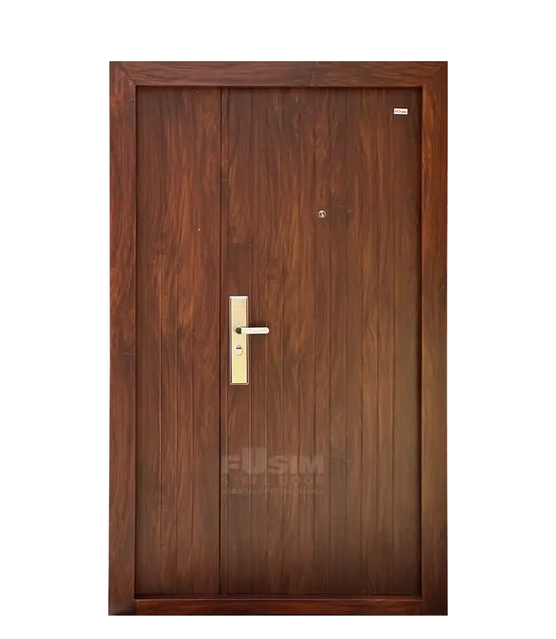 Orion – brown wood-grain steel door with gold handle