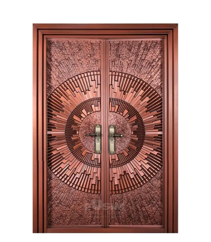 Pluto – copper finish double steel door with sunburst relief pattern
