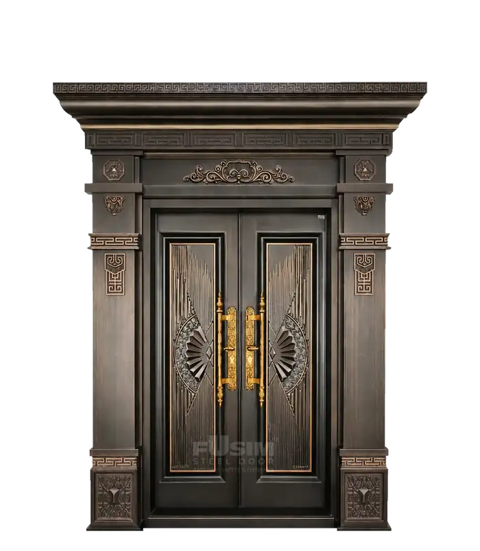 Paradise With Pillar – black and gold steel double door with decorative pillars and crown