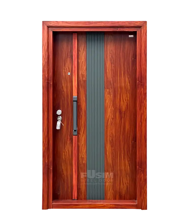 Stygian – red wood-finish steel door with grey fluted centre strip